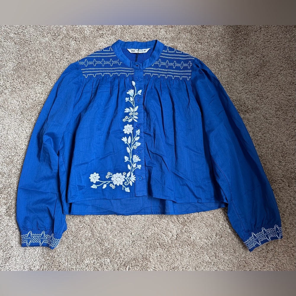 Zara Royal Blue Embroidered Button-Front Blouse
